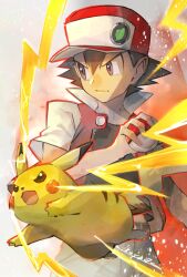 Rule 34 | 1boy, absurdres, artist name, belt, black hair, black shirt, creatures (company), electricity, electrokinesis, game freak, gen 1 pokemon, hat, highres, holding, holding poke ball, ikuyoan, jacket, male focus, nintendo, open clothes, open jacket, open mouth, pikachu, poke ball, pokemon, pokemon (creature), pokemon rgby, red (pokemon), red eyes, serious, shirt, short sleeves, spiked hair, v-shaped eyebrows, yellow fur, yellow lightning