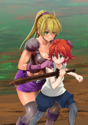 Rule 34 | 1boy, 1girl, age difference, ahoge, armor, blonde hair, blush, breasts, cleavage, green eyes, highres, muscular, outdoors, pauldrons, ponytail, pukara, red hair, scar, shoulder armor, skirt, sweat, sword, tank top, thighhighs, weapon, yellow eyes