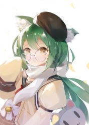 Rule 34 | 1girl, absurdres, akashi (azur lane), akashi (welcome to azurcon!) (azur lane), animal ears, artist request, azur lane, bell, black sailor collar, brown jacket, cat ears, dress, green hair, grey dress, highres, jacket, jingle bell, long hair, looking at viewer, round eyewear, sailor collar, scarf, sleeves past fingers, sleeves past wrists, solo, sta bbbbaby, tilted headwear, white scarf, yellow eyes