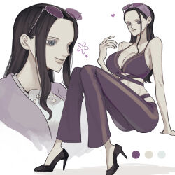 Rule 34 | 1girl, black hair, blue eyes, breasts, cardigan, cleavage, closed mouth, commentary request, dress, eyewear on head, hair pulled back, heart, high heels, highres, large breasts, lips, long hair, looking at viewer, nico robin, nsgw, official alternate costume, one piece, one piece: stampede, pants, purple cardigan, purple pants, sitting, sleeveless, smile, spaghetti strap, sunglasses, white dress