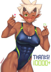 Rule 34 | 1girl, ;d, abs, absurdres, artist name, blue one-piece swimsuit, breasts, brown horns, cleavage, collarbone, commentary, covered erect nipples, dark-skinned female, dark skin, english commentary, fang, gabi the dokkaebi, green eyes, heart, highres, horns, large breasts, looking at viewer, mole, mole on breast, muscular, muscular female, nestkeeper, one-piece swimsuit, one eye closed, open mouth, original, pointy ears, short hair, simple background, skin tight, smile, solo, swimsuit, tan, thank you, thighs, white background