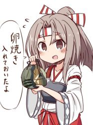 Rule 34 | 1girl, blush, brown eyes, brown hair, guriin, hachimaki, headband, high ponytail, kantai collection, long hair, looking at viewer, muneate, bento, open mouth, simple background, solo, translated, white background, zuihou (kancolle)