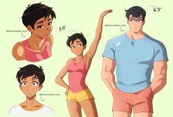 Rule 34 | 1boy, 1girl, absurdres, black hair, browntable, clark kent, commentary, dark-skinned female, dark skin, dc comics, earrings, english commentary, english text, height difference, highres, jewelry, lois lane, my adventures with superman, shirt, short hair, short shorts, shorts, superman (series), t-shirt, tank top, tomboy, twitter username