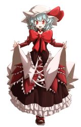 Rule 34 | 1girl, alternate costume, blue hair, brooch, clothes lift, darjeeling (reley), dress, dress lift, fang, frilled dress, frills, full body, hat, hat ribbon, highres, jewelry, layered dress, lifting own clothes, long sleeves, looking at viewer, mob cap, open mouth, red eyes, red ribbon, remilia scarlet, ribbon, shoes, simple background, solo, standing, teeth, touhou, white background