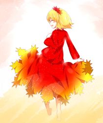 Rule 34 | 1girl, :d, ^ ^, aki shizuha, barefoot, blonde hair, dress, closed eyes, from behind, hair ornament, highres, leaf hair ornament, long sleeves, open mouth, red dress, rie-co, smile, solo, touhou