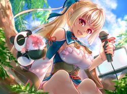 Rule 34 | 1girl, absurdres, bad id, bad pixiv id, bare shoulders, blonde hair, blue sky, breasts, brown eyes, cleavage, cleavage cutout, clothing cutout, computer, dark-skinned female, dark skin, elf, highres, holding, holding microphone, hololive, kintsuba (shiranui flare), laptop, large breasts, long hair, looking at viewer, microphone, open mouth, outdoors, pointy ears, ponytail, shigemu room, shiranui flare, shiranui flare (old design), sitting, sky, smile, solo, teeth, upper teeth only, virtual youtuber