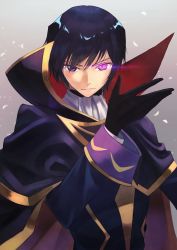 Rule 34 | 1boy, absurdres, brown hair, cape, code geass, commentary, geass, glowing, glowing eye, grey background, hara kenshi, highres, lelouch vi britannia, looking at viewer, male focus, open hand, purple eyes, solo, zero (code geass)