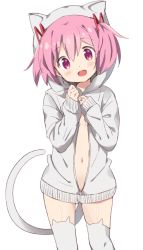Rule 34 | 1girl, :d, alternate costume, animal ear legwear, animal ears, breasts, cat ear legwear, cat ears, cat tail, clothes grab, dot nose, eyes visible through hair, fake animal ears, grey hoodie, grey thighhighs, hair between eyes, hair ribbon, happy, head tilt, highres, hood, hood up, hoodie, jewelry, kaname madoka, legs apart, light blush, looking at viewer, mahou shoujo madoka magica, mahou shoujo madoka magica (anime), navel, no bra, no panties, open mouth, own hands together, partially unzipped, pink eyes, pink hair, red ribbon, revealing clothes, ribbon, ring, shiny skin, short twintails, simple background, sleeves past wrists, small breasts, smile, solo, standing, stomach, tail, thighhighs, thighs, tsubaki (tatajd), twintails, underboob, upper body, white background