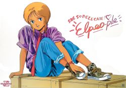 Rule 34 | 1980s (style), 1girl, blonde hair, blue eyes, denim, elpeo puru, holding with feet, gundam, gundam zz, jeans, looking at viewer, necktie, official art, oldschool, open mouth, pants, pants rolled up, purple shirt, red necktie, retro artstyle, shirt, shoes, short hair, simple background, sitting, sleeves rolled up, sneakers, solo, watch, white background, wristwatch