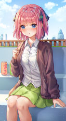 Rule 34 | 1girl, absurdres, black cardigan, black ribbon, blue eyes, blue sky, blunt bangs, blush, breasts, building, butterfly hair ornament, can, cardigan, cloud, cloudy sky, collared shirt, commentary request, drink can, go-toubun no hanayome, green skirt, hair ornament, hair ribbon, highres, nakano nino, open cardigan, open clothes, outdoors, parted lips, pink hair, pleated skirt, ribbon, school uniform, shirt, short hair, sidelocks, sitting, skirt, sky, skyscraper, soda can, solo, starlime, sweatdrop, white shirt