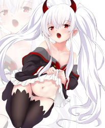 Rule 34 | 1girl, bare shoulders, black dress, black thighhighs, blush, bow, bow panties, breasts, clothes lift, collarbone, commentary request, demon horns, dress, dress lift, evo grim, fangs, grim aloe, hair between eyes, horns, lifting own clothes, long hair, looking at viewer, lowleg, lowleg panties, navel, no shoes, noa (nagareboshi), off shoulder, open mouth, panties, pointy ears, quiz magic academy, quiz magic academy the world evolve, red eyes, sidelocks, simple background, small breasts, solo, thighhighs, twintails, underwear, very long hair, white background, white hair, white panties, zoom layer
