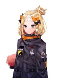 Rule 34 | 1girl, abigail williams (fate), abigail williams (traveling outfit) (fate), bandaid, bandaid on face, bandaid on forehead, black bow, black jacket, blonde hair, blue eyes, blush, bow, closed mouth, fate/grand order, fate (series), fingernails, haga, hair bow, hair bun, highres, jacket, long hair, long sleeves, looking at viewer, hugging object, official alternate costume, orange bow, parted bangs, polka dot, polka dot bow, simple background, single hair bun, sleeves past fingers, sleeves past wrists, solo, stuffed animal, stuffed toy, teddy bear, upper body, white background