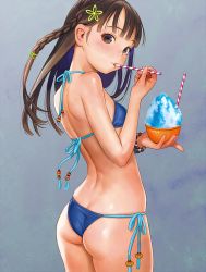 Rule 34 | 1girl, arched back, ass, bikini, blue bikini, bracelet, braid, breasts, brown eyes, brown hair, butt crack, cowboy shot, drinking straw, eating, flat ass, food, from side, futuregraph, hair ornament, highres, jewelry, long hair, looking at viewer, mouth hold, murata range, non-web source, scan, shaved ice, side-tie bikini bottom, side braid, skindentation, small breasts, solo, swimsuit