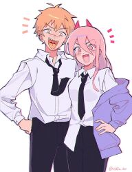 Rule 34 | 1boy, 1girl, black necktie, black pants, blue jacket, blush, breasts, chainsaw man, collared shirt, denji (chainsaw man), fangs, hair between eyes, hand on own chest, highres, horns, jacket, long sleeves, looking at viewer, medium breasts, necktie, off shoulder, open clothes, open jacket, open mouth, orange hair, pants, pink hair, power (chainsaw man), sharp teeth, shirt, simple background, teeth, tongue, tongue out, twitter username, white background, white shirt, zikko 100