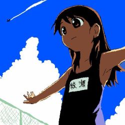 Rule 34 | 1girl, aircraft, airplane, ayase ena, black one-piece swimsuit, chain-link fence, cloud, contrail, fence, flat chest, long hair, lowres, name tag, oekaki, one-piece swimsuit, outdoors, outstretched arms, school swimsuit, sky, solo, swimsuit, yotsubato!