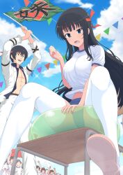 Rule 34 | 1boy, 1girl, abs, ball, black eyes, black hair, blue eyes, blush, breasts, brother and sister, buruma, cloud, crowd, day, embarrassed, exercise ball, faceless, faceless female, faceless male, flag, gym uniform, headband, highres, hime cut, ikaruga (senran kagura), jacket, large breasts, long hair, lower teeth only, murasame (senran kagura), navel, open clothes, open jacket, open mouth, open shirt, pants, people, perapera, red headband, senran kagura, senran kagura shoujo-tachi no shin&#039;ei, shoes, siblings, smile, sports festival, string of flags, teeth, thighhighs, tongue, translation request, waving flag, white jacket, white pants, white thighhighs