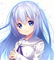 Rule 34 | 1girl, blouse, blue eyes, blue hair, commentary request, gochuumon wa usagi desu ka?, hair ornament, hairclip, kafuu chino, long hair, long sleeves, looking at viewer, lowres, own hands together, sailor collar, shirt, smile, solo, two side up, upper body, usume shirou, white shirt