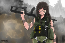 Rule 34 | 1girl, artist name, assault rifle, black eyes, black hair, blunt bangs, body armor, bodypaint, closed mouth, combat knife, commando (movie), commentary, explosive, facepaint, frown, girls und panzer, grenade, grey sky, gun, harness, holding, holding gun, holding weapon, knife, long hair, looking at viewer, matsui yasutsugu, nishizumi shiho, outdoors, over shoulder, overcast, parody, pouch, rain, rifle, signature, sky, sleeveless, sleeveless jacket, solo, standing, straight hair, weapon, weapon over shoulder