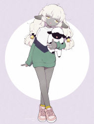 Rule 34 | 1girl, :p, animal ears, bell, colored skin, female focus, full body, grey skin, hair bell, hair ornament, holding, holding stuffed toy, long hair, low-tied long hair, low twintails, original, sheep, sheep ears, sheep girl, shoes, sneakers, socks, solo, stuffed toy, terayamaden, tongue, tongue out, twintails, twitter username, white hair, yellow eyes