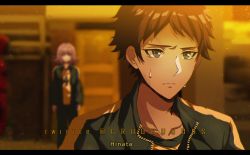 Rule 34 | 1boy, 1girl, black jacket, blurry, blurry background, brown hair, collarbone, commentary, criis-chan, crossover, danganronpa (series), danganronpa 2: goodbye despair, english commentary, flipped hair, hinata hajime, jacket, letterboxed, looking at another, medium hair, nanami chiaki, portrait, short hair, squid game, twitter username, white jacket