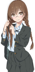Rule 34 | 1girl, black ribbon, black skirt, blue shirt, blush, braiding hair, brown eyes, brown hair, collared shirt, commentary request, cowboy shot, formal, furuyama itaru, glasses, grin, hair tie, hairdressing, highres, jacket, long hair, long sleeves, looking at viewer, miniskirt, neck ribbon, open clothes, open jacket, original, parted lips, pleated skirt, ribbon, rimless eyewear, shirt, skirt, smile, solo, suit, unbuttoned