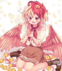 Rule 34 | 1girl, :d, animal, animal background, arms up, bird, bird tail, bird wings, blonde hair, blush, boots, brown dress, brown footwear, chick, commentary request, dress, feathered wings, hair between eyes, heart, holding, holding animal, holding bird, kemo chiharu, layered dress, looking down, multicolored hair, niwatari kutaka, open mouth, puffy short sleeves, puffy sleeves, red eyes, red hair, red neckwear, short hair, short sleeves, signature, sitting, smile, solo, touhou, two-tone hair, wariza, white background, wings