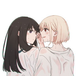 Rule 34 | 2girls, black hair, blonde hair, bob cut, chromatic aberration, closed mouth, commentary request, eye contact, film grain, highres, inoue takina, light blush, long hair, looking at another, lycoris recoil, multiple girls, nishikigi chisato, one eye closed, parted lips, purple eyes, red eyes, shirt, short hair, sidelocks, simple background, upper body, wet, wet clothes, white background, white shirt, wiping, yarou (0tyaro)