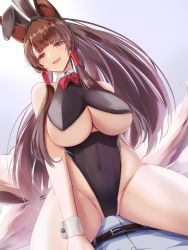 Rule 34 | 1boy, 1girl, :d, akagi (azur lane), animal ears, arm behind back, azur lane, bare arms, bare shoulders, belt, black leotard, blunt bangs, bow, bowtie, breasts, brown hair, bulge, commander (azur lane), commentary, covered navel, fake animal ears, fox ears, fox girl, gradient background, half-closed eyes, highleg, highleg leotard, highres, huge breasts, kitsune, leotard, long bangs, long hair, looking at viewer, open mouth, playboy bunny, red bow, red bowtie, red eyes, sano sho, shirt, simple background, smile, solo focus, teeth, thick thighs, thighs, tongue, upper teeth only, white shirt, wrist cuffs