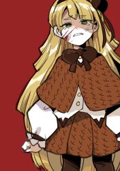 Rule 34 | 1girl, blonde hair, blood, blood on face, brown capelet, brown hairband, brown pantyhose, brown ribbon, brown skirt, capelet, commentary request, cowboy shot, frilled sleeves, frills, green eyes, hair ribbon, hairband, lobotomy corporation, long hair, long sleeves, medu (rubish), neck ribbon, pantyhose, pleated skirt, project moon, ribbon, shirt, simple background, sketch, skirt, solo, tearing up, tiphereth a (project moon), very long hair, white shirt