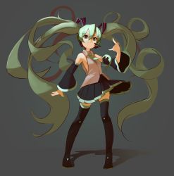 Rule 34 | 1girl, absurdres, aqua eyes, aqua hair, aqua necktie, arm at side, bare shoulders, black skirt, black thighhighs, clothes lift, commentary, curly hair, detached sleeves, english commentary, eyelashes, floating hair, full body, grey background, grey shirt, hatsune miku, head tilt, headset, highres, legs apart, long hair, looking at viewer, m/, necktie, pleated skirt, shadow, shirt, simple background, skirt, skirt lift, sleeveless, sleeveless shirt, smile, solo, standing, thighhighs, topdylan, twintails, very long hair, vocaloid, zettai ryouiki