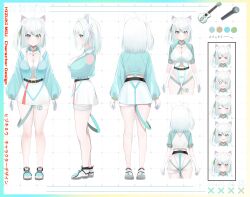 Rule 34 | &gt; &lt;, 1girl, :3, absurdres, ahoge, animal ear fluff, animal ears, aqua border, aqua hair, aqua jacket, aqua ribbon, aqua shirt, ass, belt, black belt, blush, border, breasts, cat ears, character sheet, cleavage, cleavage cutout, clothing cutout, collared jacket, color guide, colored inner hair, commentary request, cropped jacket, elbow gloves, expressions, from behind, from side, gloves, gold trim, gradient border, green eyes, green ribbon, grid, groin, hair ornament, hair ribbon, hairclip, highleg one-piece swimsuit, highres, hizuki miu, indie virtual youtuber, instrument, jacket, jewelry, large breasts, leg ribbon, long sleeves, medium breasts, medium hair, microphone, multicolored hair, multiple views, necklace, neon trim, o o, official art, one-piece swimsuit, popped collar, puffy long sleeves, puffy sleeves, ribbon, shirt, shoes, side ponytail, skindentation, skirt, sleeves past wrists, sneakers, solo, swimsuit, thigh ribbon, thigh strap, touyou (39kir), turnaround, ukulele, virtual youtuber, white background, white footwear, white gloves, white hair, white one-piece swimsuit, white shirt, white skirt, wing collar, yellow border
