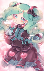 1boy black_bow black_footwear black_shorts blue_eyes blue_hair bow candy center_frills crossdressing dress_shirt ecolo_(puyopuyo) food frills gloves grin hair_bow highres holding holding_candy holding_food holding_lollipop lollipop long_hair looking_at_viewer pink_background puffy_shorts puyopuyo puyopuyo_7 shinonome_pinano shirt shorts smile solo trap unusual_ecolo