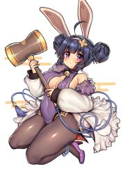Rule 34 | 1girl, ahoge, animal ears, anklet, azur lane, bad id, bad pixiv id, bare shoulders, blush, breasts, closed mouth, covered navel, double bun, full body, grey pantyhose, hair bun, hair ornament, hairband, hammer, high heels, jewelry, large breasts, legs together, leotard, looking at viewer, ning hai (azur lane), ning hai (moon palace rabbit) (azur lane), osiimi, pantyhose, purple eyes, purple footwear, purple hair, purple leotard, rabbit ears, short hair, solo, tassel, twitter username