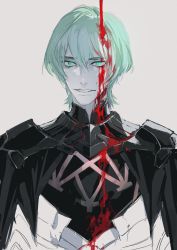 Rule 34 | 1boy, armor, black armor, blood, blood drip, blood on clothes, blood on face, byleth (fire emblem), byleth (male) (fire emblem), fire emblem, fire emblem: three houses, green eyes, green hair, grin, highres, male focus, nintendo, ogata tomio, portrait, simple background, smile, solo, upper body, white background