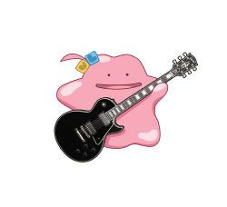 Rule 34 | bocchi the rock!, chinese commentary, commentary request, creatures (company), crossover, cube hair ornament, ditto, full body, game freak, gen 1 pokemon, gotoh hitori, guitar, hair ornament, highres, holding, holding instrument, instrument, jianshu, nintendo, one side up, open mouth, pokemon, simple background, smile, solo, white background