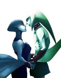 Rule 34 | 1boy, 1girl, alternate form, blue eyes, blue skin, choker, collar, colored skin, couple, dress, earrings, elbow gloves, eye contact, fins, gloves, green skin, height difference, holding hands, hosakan no.2, incipient kiss, jewelry, link, looking at another, lulu (the legend of zelda), mikau, monster girl, nintendo, pixiv thumbnail, pointy ears, red eyes, resized, simple background, the legend of zelda, the legend of zelda: majora&#039;s mask, zora, zora link