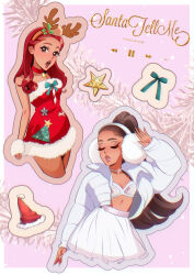 Rule 34 | 2girls, :o, absurdres, animification, antlers, ariana grande, artist name, bare shoulders, bow, bra, brown eyeshadow, brown lips, cat valentine, character name, choker, christmas, closed eyes, collarbone, dress, earmuffs, earrings, fur-trimmed headwear, fur trim, green bow, hair behind ear, hairband, hat, highres, horns, jacket, jewelry, long hair, looking to the side, multiple girls, multiple views, open mouth, orange hairband, pirorin21century, real life, red choker, red hair, reindeer antlers, santa dress, santa hat, skirt, song name, strapless, strapless dress, underwear, very long hair, victorious, white bra, white jacket, white skirt