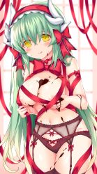 Rule 34 | 1girl, areola slip, blush, bow, breasts, chocolate, collarbone, fate/grand order, fate (series), green hair, hair between eyes, hair bow, hairband, highres, kiyohime (fate), long hair, looking at viewer, medium breasts, morizono shiki, navel, panties, red bow, red hairband, red ribbon, ribbon, smile, solo, underwear, valentine, very long hair, wavy hair, yellow eyes