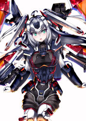 Rule 34 | bodysuit, breasts, clenched hands, cowlick, full armor gundam, green eyes, gundam, gundam thunderbolt, highres, i.takashi, looking to the side, mecha musume, medium breasts, open mouth, personification, silver hair, skin tight, solo, white background