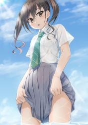 Rule 34 | 1girl, black hair, blue sky, blush, brown eyes, clothes lift, cloud, collared shirt, commentary request, day, diagonal-striped clothes, diagonal-striped necktie, diagonal-striped neckwear, green neckwear, grey skirt, hair between eyes, idolmaster, idolmaster cinderella girls, lifting own clothes, long hair, miri (ago550421), mole, mole under eye, necktie, open mouth, outdoors, pleated skirt, sharp teeth, shirt, short sleeves, skirt, skirt lift, sky, solo, striped clothes, striped neckwear, sunazuka akira, teeth, twintails, wading, water, white shirt