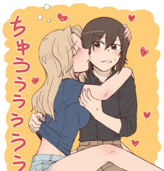 Rule 34 | 2girls, arm grab, arms around neck, biting, black shirt, blonde hair, blue shirt, blush, brown eyes, brown hair, brown pants, casual, cheek biting, clothes lift, collared shirt, commentary, drunk, frown, girls und panzer, grey shorts, grimace, heart, kay (girls und panzer), lifting another&#039;s clothes, long hair, looking at another, multiple girls, nishizumi maho, pants, shirt, shirt lift, short hair, short shorts, short sleeves, shorts, sleeves rolled up, sweatdrop, t-shirt, torinone, translated, yuri