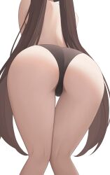 Rule 34 | 1girl, absurdres, ass, ass focus, back, black panties, brown hair, cowboy shot, genshin impact, head out of frame, highres, hu tao (genshin impact), leaning forward, long hair, panties, simple background, solo, thigh gap, topless, tsubaki 0317, twintails, underwear, white background