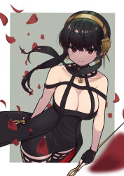Rule 34 | 1girl, absurdres, bare shoulders, black dress, black gloves, black hair, blush, breasts, cleavage, closed mouth, collarbone, commentary request, dagger, dress, dual wielding, earrings, fingerless gloves, fingernails, floating hair, gloves, gold hairband, hairband, highres, holding, holding dagger, holding knife, holding weapon, jaguarsee, jewelry, knife, large breasts, looking at viewer, mixed-language commentary, petals, red eyes, short hair with long locks, sidelocks, sleeveless, sleeveless dress, smile, solo, spy x family, stiletto (weapon), weapon, yor briar
