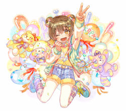 Rule 34 | 1girl, akagi miria, animal bag, arm up, bag, balloon, belt, belt buckle, black hair, blush, bow, brown eyes, buckle, commentary, double bun, drawstring, fur trim, hair bow, hair bun, hair ornament, hairclip, heart, heart balloon, idolmaster, idolmaster cinderella girls, idolmaster cinderella girls starlight stage, isa (suisuihoi), jacket, jewelry, loose socks, necklace, one eye closed, open clothes, open jacket, open mouth, pantyhose, plaid, plaid shorts, red ribbon, ribbon, shoes, short hair, short shorts, shorts, shoulder bag, smile, sneakers, socks, solo, star (symbol), star hair ornament, star print, stuffed animal, stuffed tanuki, stuffed toy, teddy bear, v, white socks