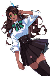 Rule 34 | 1girl, adapted costume, aragami oga, black ribbon, black skirt, black thighhighs, bow, bowtie, brown hair, collared shirt, curtained hair, dark-skinned female, dark skin, dutch angle, earrings, eleven (erebun), feet out of frame, genderswap, genderswap (mtf), green bow, green bowtie, green eyes, hand up, high-waist skirt, highres, holostars, horn ornament, horn ribbon, horns, ice horns, jewelry, long hair, looking at viewer, official alternate costume, open mouth, petals, ribbon, sharp teeth, shirt, simple background, single earring, single horn, skirt, solo, teeth, thighhighs, upper teeth only, virtual youtuber, wavy hair, white background, white shirt