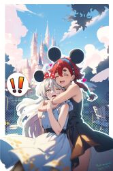 Rule 34 | animal ears, artist name, blue sky, castle, closed eyes, cloud, cloudy sky, dated, day, disneyland, dress, fake animal ears, grey eyes, gundam, gundam suisei no majo, hairband, happy, heart, highres, hug, hug from behind, long hair, miorine rembran, mouse ears, musical note, one eye closed, open mouth, outdoors, park, ponytail, red hair, sash, sky, smile, spoken musical note, studio makagi, suletta mercury, thick eyebrows, white hair