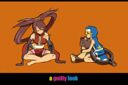Rule 34 | 1boy, 1girl, arc system works, bad id, bad pixiv id, bare shoulders, barefoot, blonde hair, blue eyes, breasts, bridget (guilty gear), brown hair, chinese clothes, chopsticks, detached sleeves, eating, food, guilty gear, guilty gear xx, hat, kneeling, kuradoberi jam, large breasts, long hair, noodles, nun, one eye closed, red eyes, roger (guilty gear), simple background, sitting, stuffed animal, stuffed toy, teddy bear, text focus, todoroki suyoshi, trap, very long hair, wink