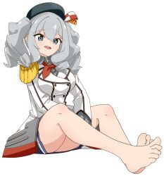 Rule 34 | 1girl, absurdres, barefoot, beret, black hat, blue eyes, breasts, commentary request, epaulettes, full body, grey hair, grey skirt, hat, highres, jacket, kantai collection, kashima (kancolle), large breasts, long sleeves, looking at viewer, military, military jacket, military uniform, nairo, neckerchief, open mouth, pleated skirt, red neckerchief, round teeth, sitting, skirt, solo, teeth, twintails, uniform, upper teeth only, wavy hair, white jacket