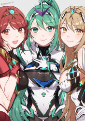 Rule 34 | 3girls, bare shoulders, blonde hair, blush, breasts, chest jewel, cleavage, commentary request, covered navel, earrings, green eyes, green hair, headpiece, highres, jewelry, large breasts, long hair, looking at viewer, multiple girls, mythra (xenoblade), partial commentary, peach11 01, pneuma (xenoblade), ponytail, pyra (xenoblade), red hair, short hair, smile, swept bangs, tiara, very long hair, xenoblade chronicles (series), xenoblade chronicles 2, yellow eyes