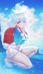 Rule 34 | 1girl, absurdres, arona (blue archive), backpack, bag, blue archive, blue eyes, blue hair, blue shirt, blue sky, blush, bow, braid, closed mouth, day, hair over one eye, hair ribbon, hairband, halo, highres, holding strap, horizon, long sleeves, looking at viewer, multicolored hair, na1tsu2me3, ocean, on water, outdoors, pink hair, pleated skirt, randoseru, red bag, ribbon, sailor collar, school bag, school uniform, shirt, shoes, short hair, skirt, sky, smile, solo, squatting, thighs, water, white bow, white footwear, white hairband, white ribbon, white sailor collar, white skirt